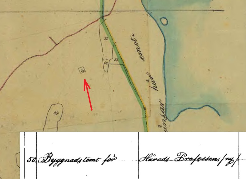 Kartan från början av 1840-talet som pekade ut platsen för häradsprofossens tomt. 